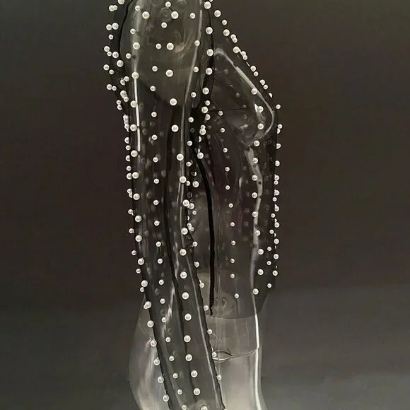 Black Casual Women's Rave Elegant Pearls Beaded Mesh Sheer Cover Up - Picture 3 of 6